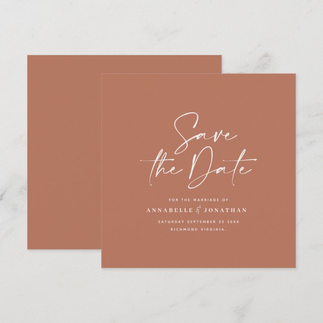 Casual script terracotta typography wedding save t the date (Front/Back)