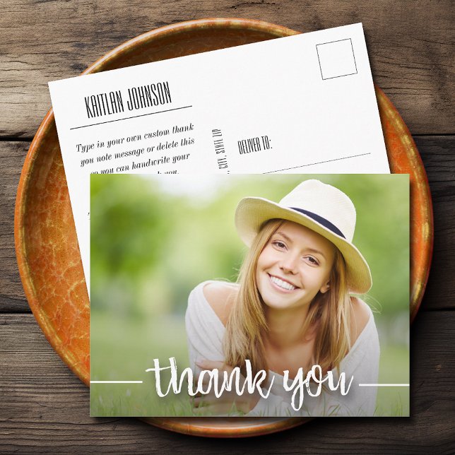 Casual Script Thank You Photo Graduation Postcard (Graduation thank you postcards feature your photo o the front and your message on the back)