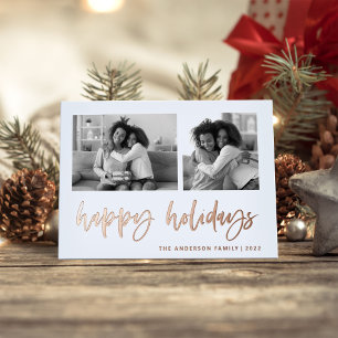 Casual Script Two Photo Grid Happy Holidays Foil Holiday Card