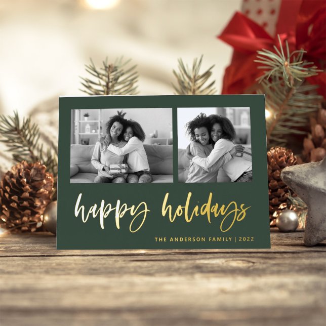 Casual Script Two Photo Grid | Happy Holidays Foil Holiday Card (Creator Uploaded)