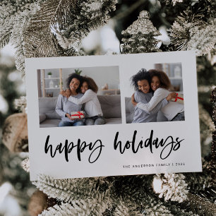 Casual Script Two Photo Grid Happy Holidays Holiday Card