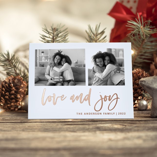 Casual Script Two Photo Grid | Love and Joy Foil Holiday Card (Creator Uploaded)