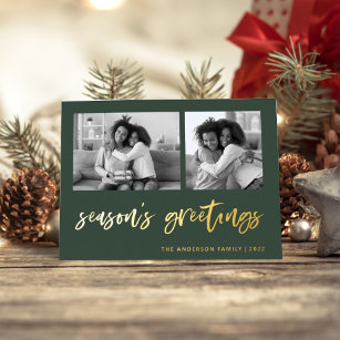Casual Script Two Photo Grid   Season's Greetings Foil Holiday Card