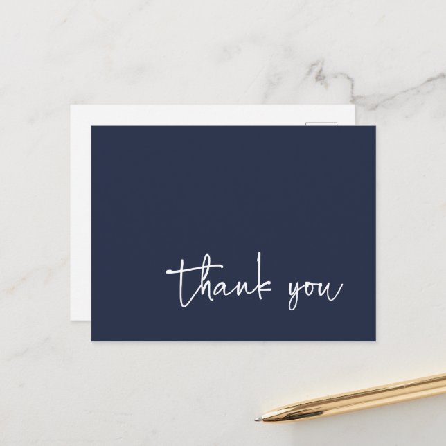 Casual Script Typography Navy Blue Thank You Postcard (Front/Back In Situ)