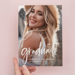 Casual Script White | Two Photo Graduation Party Invitation Postcard<br><div class="desc">This trendy, elegant grad party postcard invitation features two photos of the graduate. On the front there is casual modern white script along with the grad's name, school, and class year. On the back is a second, faded, photo of the graduate with all of your party information clearly printed over...</div>