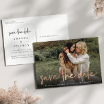 Casual Sketch Copper | Photo Wedding Save the Date Announcement Postcard<br><div class="desc">A modern save the date postcard designed to accommodate your favorite horizontal or landscape oriented full-bleed engagement photo. "Save the date" appears as a faux copper foil text overlay in casual handwritten lettering. Personalize with your names, wedding date and wedding location beneath in white lettering. Postcards reverse to show additional...</div>