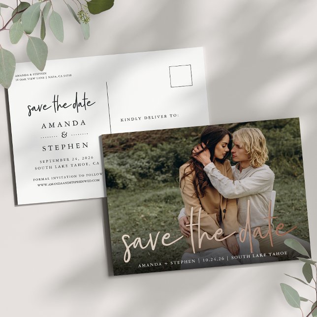 Casual Sketch | Horizontal Photo Save the Date Foil Invitation Postcard (Creator Uploaded)