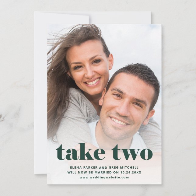 Casual Text | Two Photo Emerald Green Rescheduled Save The Date (Front)