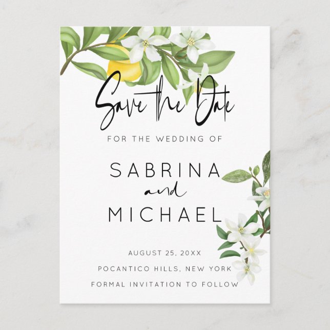 Casual Watercolor Lemon Blossom Save the Date Postcard (Front)