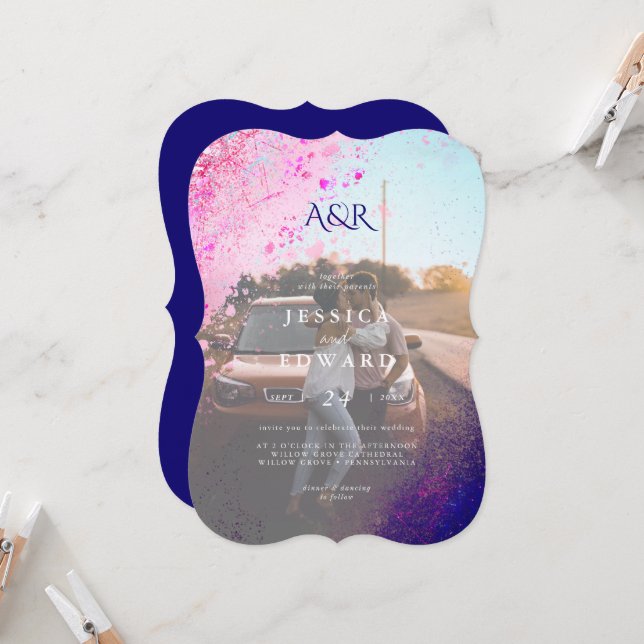 Casual Whimsical Pink Blue Glitter Photo Wedding Invitation (Front/Back In Situ)