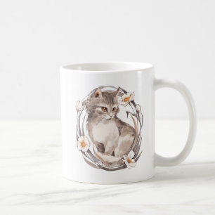 Cat 1. Grey fluffy kitten and flowers Coffee Mug