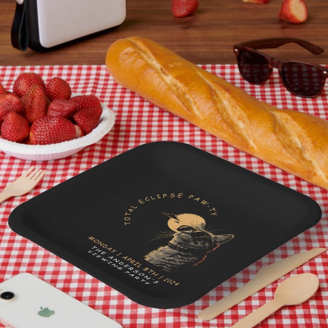 Cat 2024 Total Solar Eclipse Viewing Party Invi Paper Plate (Picnic)