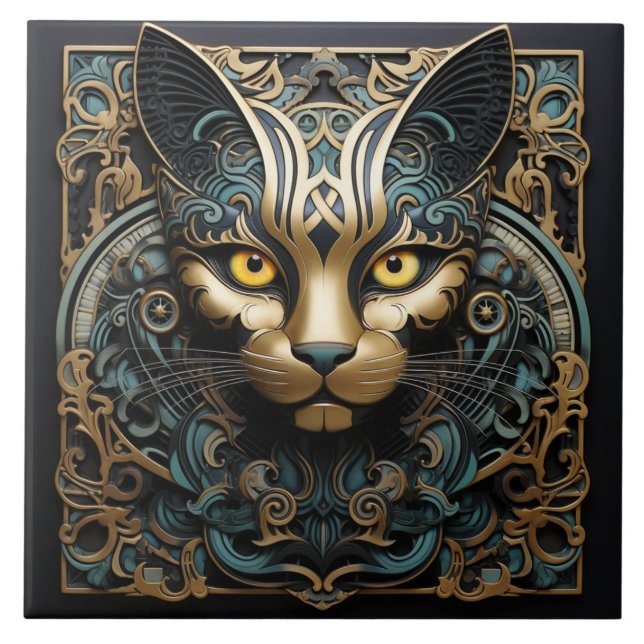 Cat 3D Effect With Gold Accent Abstract Art Ceramic Tile (Front)