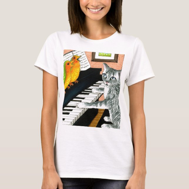 Cat 457 playing Birds Piano T-Shirt (Front)