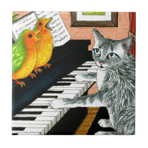 Cat 457 playing Piano Birds Ceramic Tile