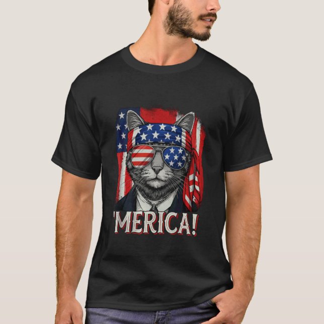 Cat 4th Of July Merica Kitten Boys Men Women Ameri T-Shirt (Front)