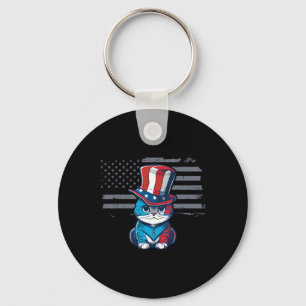 Cat 4th Of July Tee Us Flag Patriotic American Key Ring