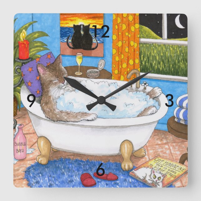Cat 567 funny cat in bath square wall clock (Front)