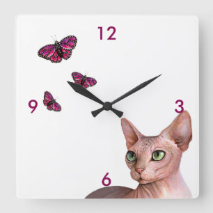 Cat 578 Sphynx Sphinx Cat Pink Butterfly Square Wall Clock