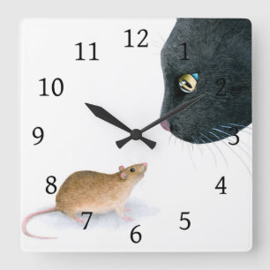 Cat 604 black cat mouse square wall clock