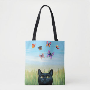Cat 606 black cat butterflies tote bag