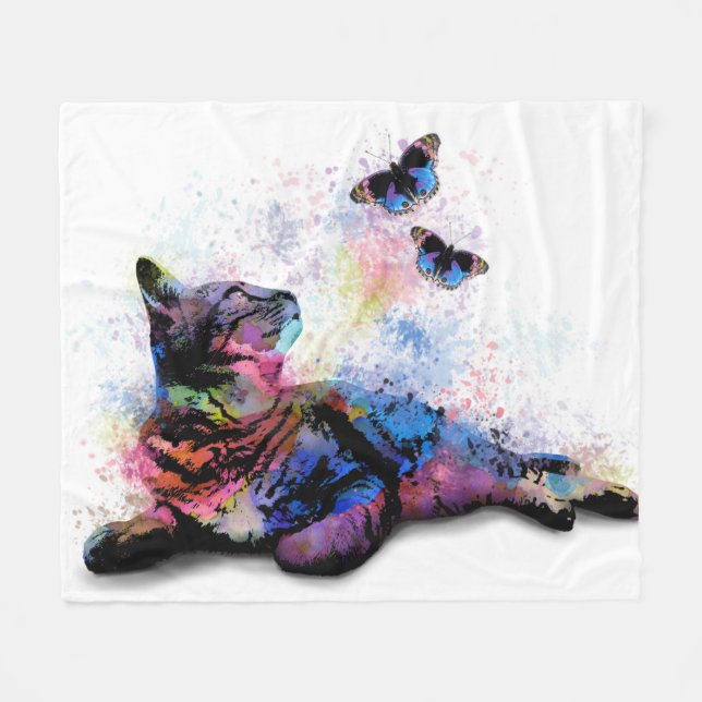 Cat 614 pink blue butterfly fleece blanket (Front (Horizontal))