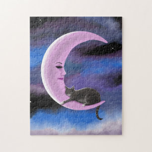 Cat 661 Funny cat on pink moon Jigsaw Puzzle