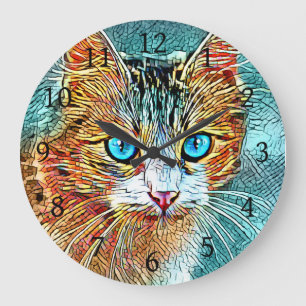Cat 685 Turquoise Orange Large Clock
