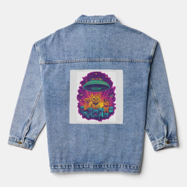 Cat Abduction Squad  Funny Alien Kitty Sci-Fi Denim Jacket (Back)
