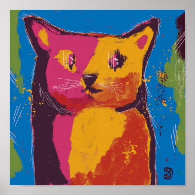 Cat, abstract digital painting, bright colours poster (Front)