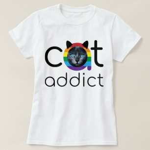 Cat Addict Black Rainbow Blue Eyes Design T-Shirt