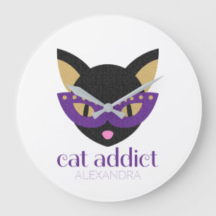 Cat Addict Cute Black Purple Gold Customised Name Large Clock
