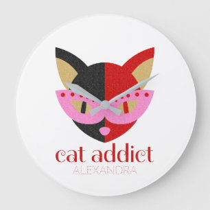 Cat Addict Cute Black Red Pink Name Personalised Large Clock