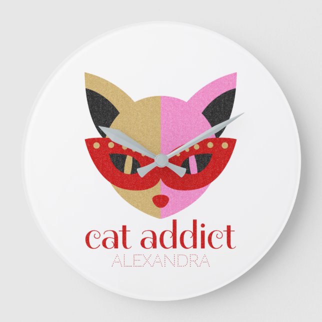 Cat Addict Cute Red Pink Gold Name Personalized Large Clock (Front)