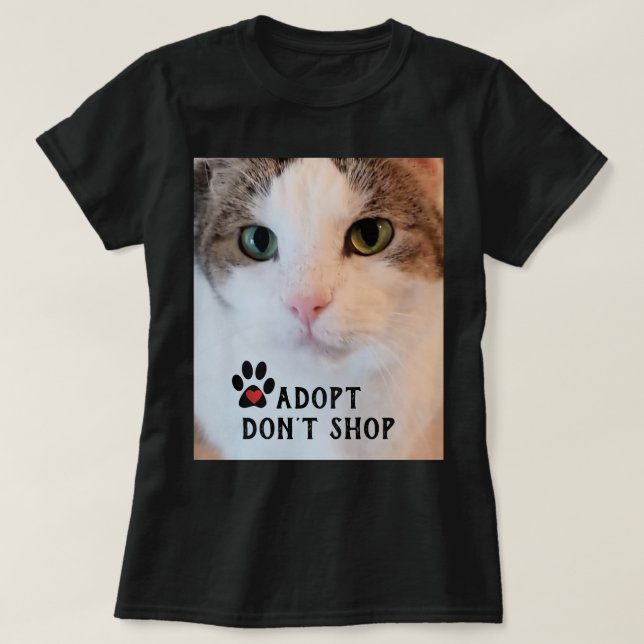 Cat Adoption / White Cat Photo on Black T-Shirt (Design Front)