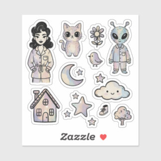 Cat Alien Pinup Girl Cool Illustration Sticker Set
