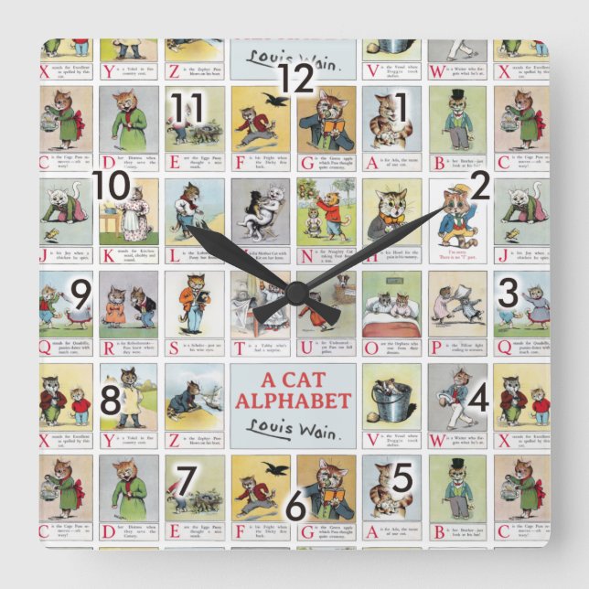 Cat Alphabet, Louis Wain Square Wall Clock (Front)