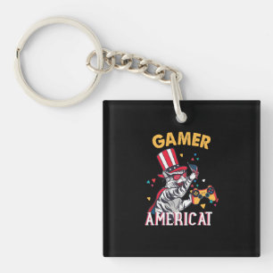 Cat Americat 4th Of July American Gamer Key Ring