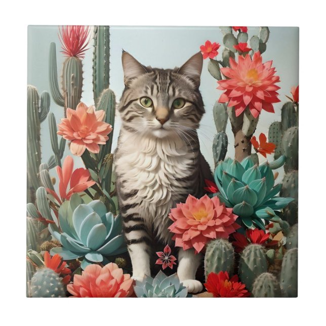 Cat Among the Cactuses | Cat Lovers  Ceramic Tile (Front)