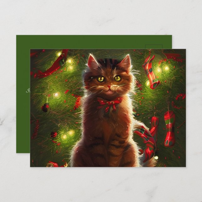 Cat And A Christmas Tree Greeting Postcard (Front/Back)
