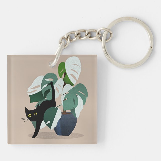 Cat and a Plant, art deco chic, Key Ring (Back)