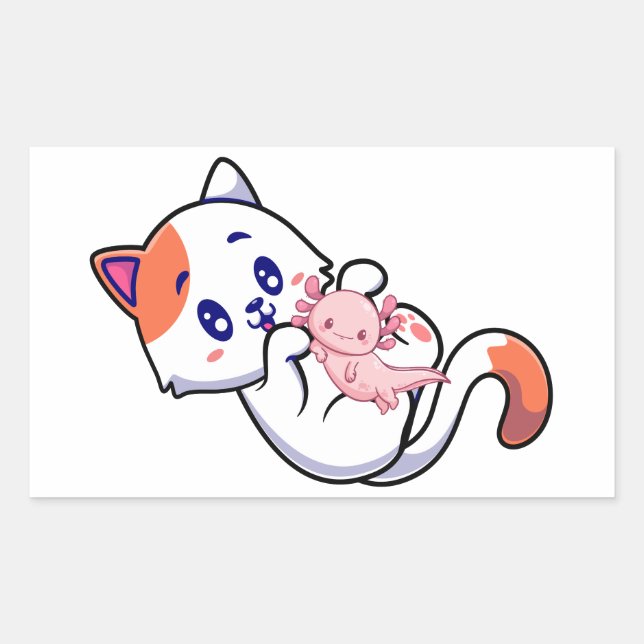 Cat and Axolotl Kawaii Neko Anime Rectangular Sticker (Front)