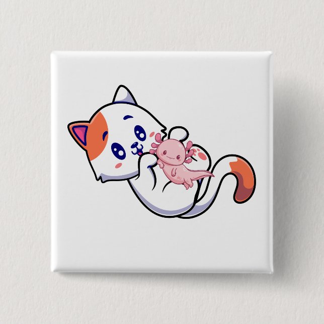 Cat and Axolotl Kawaii Neko Anime Square Button (Front)