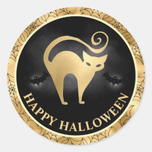 Cat and Bats Gold & Black Happy Halloween Classic Round Sticker