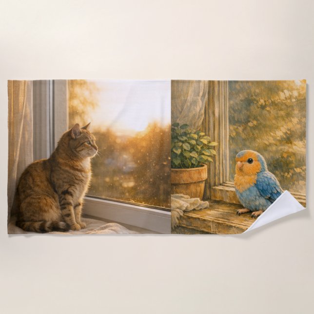 Cat and Bird Warm Window Light Beach Towel (Front)