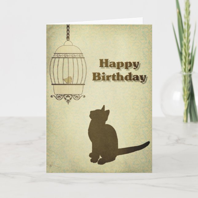 Cat and Birdcage Birthday Card (Front)