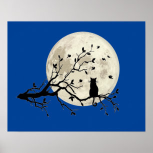 Cat and Birds with Tree Silhouette and Full Moon Poster