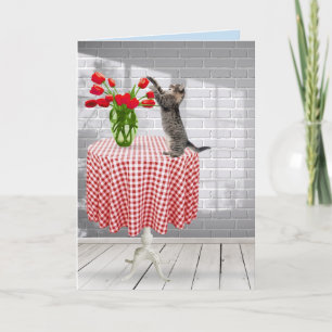 Cat and Birthday Red Tulips on Table Card