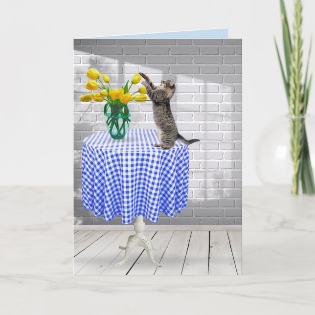 Cat and Birthday Yellow Tulips on Table Card (Front)