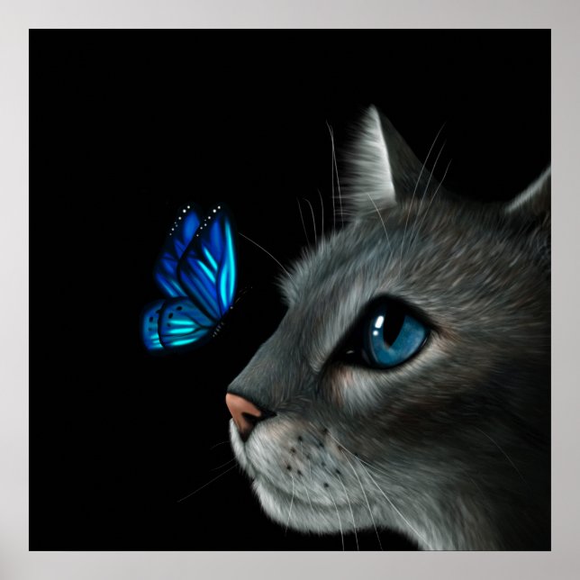 Cat and Blue Butterfly Poster (Front)